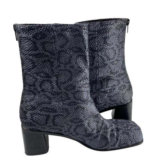 Vintage square toe chunky heel gray black snakeskin pattern fabric upper boot - Picture 1 of 7
